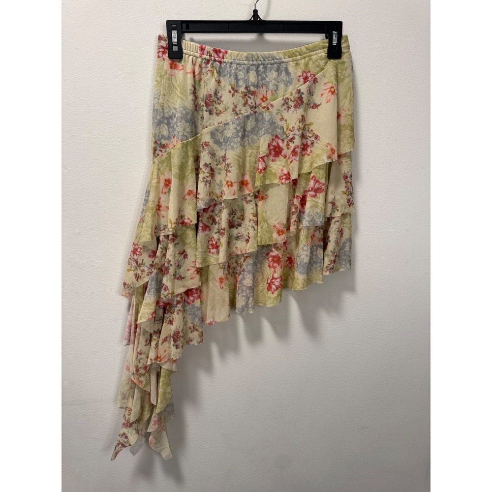 Fairycore Y2K Whimsical Amber Sky Floral Mesh Asymmetrical Ruffle Skirt Medium